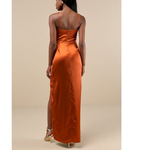 Lulus Luxurious Marvel Rust Orange Satin Ruched Column Maxi Dress XS - Picture 7 of 14